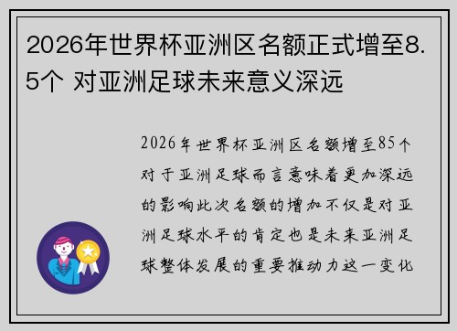 2026年世界杯亚洲区名额正式增至8.5个 对亚洲足球未来意义深远 2026年世界杯亚洲区名额正式增至8.5个 对亚洲足球未来意义深远