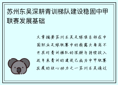 苏州东吴深耕青训梯队建设稳固中甲联赛发展基础